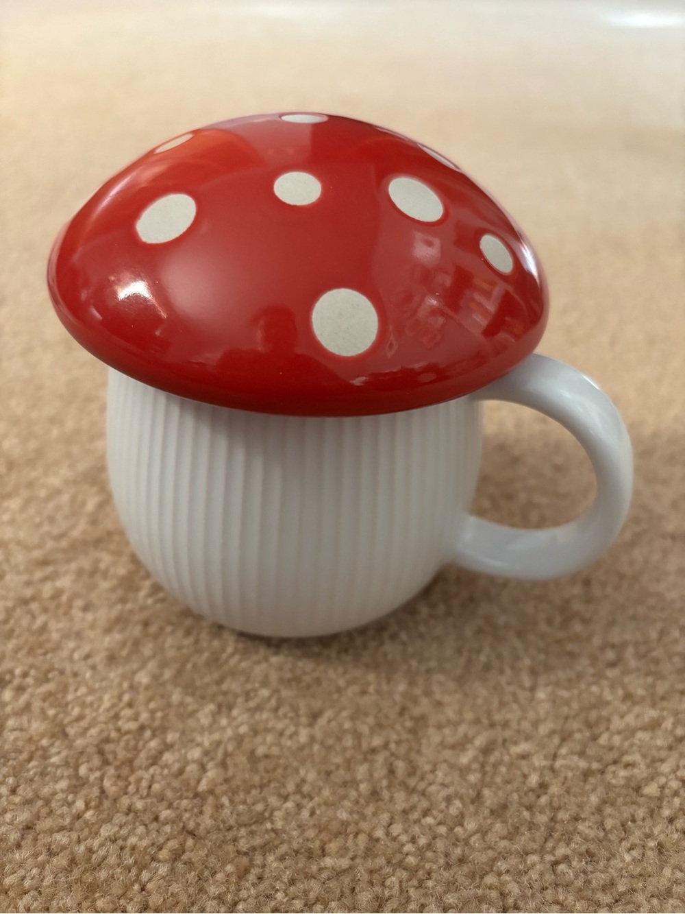 Cost Plus World Market White Mug with Red Polka-Dot Mushroom Lid
